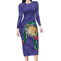 Hawaii Pikake and Maile Lei Family Matching Long Sleeve Bodycon Dress and Hawaiian Shirt Honu Polynesian Pattern Purple Color LT03 Mom's Dress Purple - Polynesian Pride