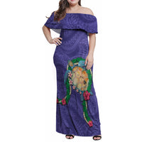 Hawaii Pikake and Maile Lei Family Matching Off Shoulder Maxi Dress and Hawaiian Shirt Honu Polynesian Pattern Purple Color LT03 Mom's Dress Purple - Polynesian Pride