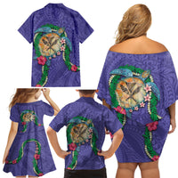 Hawaii Pikake and Maile Lei Family Matching Off Shoulder Short Dress and Hawaiian Shirt Honu Polynesian Pattern Purple Color LT03 - Polynesian Pride