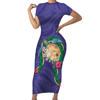 Hawaii Pikake and Maile Lei Family Matching Short Sleeve Bodycon Dress and Hawaiian Shirt Honu Polynesian Pattern Purple Color LT03 Mom's Dress Purple - Polynesian Pride