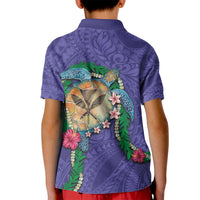 Hawaii Pikake and Maile Lei Kid Polo Shirt Honu Polynesian Pattern Purple Color