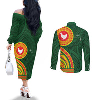 Manu'a Cession Day Couples Matching Off The Shoulder Long Sleeve Dress and Long Sleeve Button Shirt Polynesian Pattern