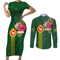 Manu'a Cession Day 120th Anniversary Couples Matching Short Sleeve Bodycon Dress and Long Sleeve Button Shirt Polynesian Pattern and Hibiscus Flower