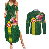Manu'a Cession Day 120th Anniversary Couples Matching Summer Maxi Dress and Long Sleeve Button Shirt Polynesian Pattern and Hibiscus Flower LT03 Green - Polynesian Pride