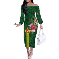Manu'a Cession Day 120th Anniversary Family Matching Off The Shoulder Long Sleeve Dress and Hawaiian Shirt Polynesian Pattern and Hibiscus Flower LT03 Mom's Dress Green - Polynesian Pride