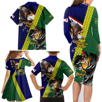 Manu'a Island and American Samoa Family Matching Long Sleeve Bodycon Dress and Hawaiian Shirt Rooster and Eagle Mascot LT03 - Polynesian Pride