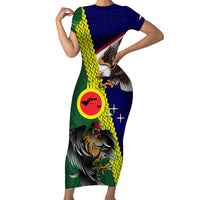 Manu'a Island and American Samoa Family Matching Short Sleeve Bodycon Dress and Hawaiian Shirt Rooster and Eagle Mascot LT03 Mom's Dress Green - Polynesian Pride