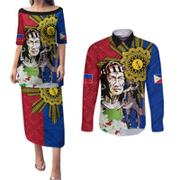 Philippines Lapu-Lapu Couples Matching Puletasi and Long Sleeve Button Shirt Filipino Sun Tattoo With Yakan Pattern LT03 Red - Polynesian Pride