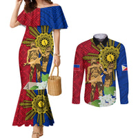 Philippines Lapu Lapu King Jasmine Flowers Couples Matching Mermaid Dress and Long Sleeve Button Shirt Filipino Sun Tattoo LT03 Red - Polynesian Pride