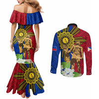 Philippines Lapu Lapu King Jasmine Flowers Couples Matching Mermaid Dress and Long Sleeve Button Shirt Filipino Sun Tattoo LT03 - Polynesian Pride