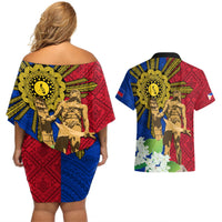 Philippines Lapu Lapu King Jasmine Flowers Couples Matching Off Shoulder Short Dress and Hawaiian Shirt Filipino Sun Tattoo LT03 - Polynesian Pride