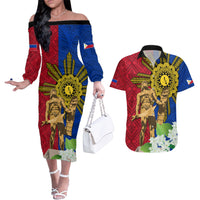 Philippines Lapu Lapu King Jasmine Flowers Couples Matching Off The Shoulder Long Sleeve Dress and Hawaiian Shirt Filipino Sun Tattoo LT03 Red - Polynesian Pride