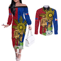 Philippines Lapu Lapu King Jasmine Flowers Couples Matching Off The Shoulder Long Sleeve Dress and Long Sleeve Button Shirt Filipino Sun Tattoo LT03 Red - Polynesian Pride