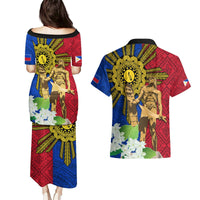Philippines Lapu Lapu King Jasmine Flowers Couples Matching Puletasi and Hawaiian Shirt Filipino Sun Tattoo