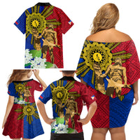 Philippines Lapu Lapu King Jasmine Flowers Family Matching Off Shoulder Short Dress and Hawaiian Shirt Filipino Sun Tattoo LT03 - Polynesian Pride