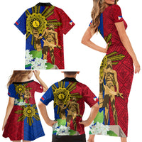 Philippines Lapu Lapu King Jasmine Flowers Family Matching Short Sleeve Bodycon Dress and Hawaiian Shirt Filipino Sun Tattoo LT03 - Polynesian Pride