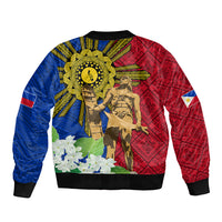 Philippines Lapu Lapu King Jasmine Flowers Sleeve Zip Bomber Jacket Filipino Sun Tattoo