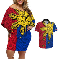 Philippines Sun Batok Tattoo Couples Matching Off Shoulder Short Dress and Hawaiian Shirt Polynesian and Yakan Pattern LT03 Red - Polynesian Pride
