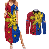 Philippines Sun Batok Tattoo Couples Matching Summer Maxi Dress and Long Sleeve Button Shirt Polynesian and Yakan Pattern LT03 Red - Polynesian Pride