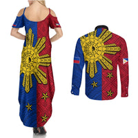 Philippines Sun Batok Tattoo Couples Matching Summer Maxi Dress and Long Sleeve Button Shirt Polynesian and Yakan Pattern LT03 - Polynesian Pride