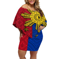 Philippines Sun Batok Tattoo Off Shoulder Short Dress Polynesian and Yakan Pattern LT03 Women Red - Polynesian Pride