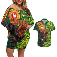 Proud of Manu'a Islands Couples Matching Off Shoulder Short Dress and Hawaiian Shirt Rooster and Polynesian Art Wing Style LT03 Green - Polynesian Pride