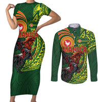 Proud of Manu'a Islands Couples Matching Short Sleeve Bodycon Dress and Long Sleeve Button Shirt Rooster and Polynesian Art Wing Style LT03 Green - Polynesian Pride