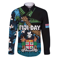 Fiji Day Family Matching Off The Shoulder Long Sleeve Dress and Hawaiian Shirt Palm Tree With Plumeria Tapa Tribal Pattern LT03 Dad's Shirt - Long Sleeve Blue - Polynesian Pride