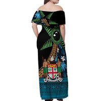 Fiji Day Off Shoulder Maxi Dress Palm Tree With Plumeria Tapa Tribal Pattern