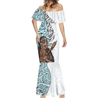 Maori Warrior Mermaid Dress Silver Fern New Zealand Map With Kowhaiwhai Pattern LT03 - Polynesian Pride