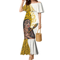 Maori Warrior Mermaid Dress Silver Fern New Zealand Map With Kowhaiwhai Pattern LT03 Women Gold - Polynesian Pride