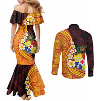 Tonga Culture Couples Matching Mermaid Dress and Long Sleeve Button Shirt Ngatu Pattern with Plumeria and Hibiscus