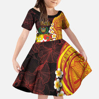 Tonga Culture Family Matching Off The Shoulder Long Sleeve Dress and Hawaiian Shirt Ngatu Pattern with Plumeria and Hibiscus LT03 Daughter's Dress Black - Polynesian Pride