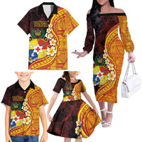 Tonga Culture Family Matching Off The Shoulder Long Sleeve Dress and Hawaiian Shirt Ngatu Pattern with Plumeria and Hibiscus LT03 - Polynesian Pride