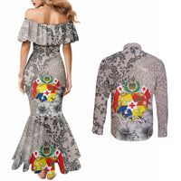 Tonga Culture Couples Matching Mermaid Dress and Long Sleeve Button Shirt Ngatu Pattern and Blooming Hibiscus