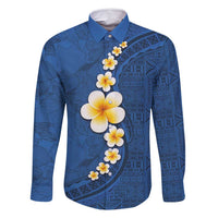 Polynesian Hibiscus and Plumeria with Tapa Pattern Family Matching Long Sleeve Bodycon Dress and Hawaiian Shirt Blue Color LT03 Dad's Shirt - Long Sleeve Blue - Polynesian Pride