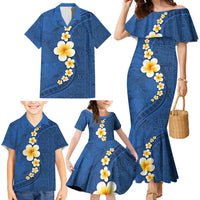 Polynesian Hibiscus and Plumeria with Tapa Pattern Family Matching Mermaid Dress and Hawaiian Shirt Blue Color LT03 - Polynesian Pride