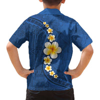 Polynesian Hibiscus and Plumeria with Tapa Pattern Family Matching Off The Shoulder Long Sleeve Dress and Hawaiian Shirt Blue Color LT03 - Polynesian Pride