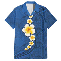 Polynesian Hibiscus and Plumeria with Tapa Pattern Family Matching Summer Maxi Dress and Hawaiian Shirt Blue Color LT03 Dad's Shirt - Short Sleeve Blue - Polynesian Pride