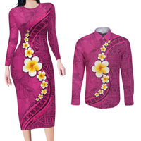 Polynesian Hibiscus and Plumeria with Tapa Pattern Couples Matching Long Sleeve Bodycon Dress and Long Sleeve Button Shirt Pink Color