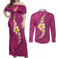 Polynesian Hibiscus and Plumeria with Tapa Pattern Couples Matching Off Shoulder Maxi Dress and Long Sleeve Button Shirt Pink Color