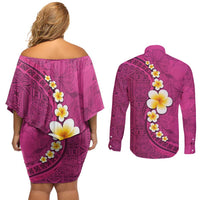 Polynesian Hibiscus and Plumeria with Tapa Pattern Couples Matching Off Shoulder Short Dress and Long Sleeve Button Shirt Pink Color