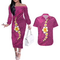 Polynesian Hibiscus and Plumeria with Tapa Pattern Couples Matching Off The Shoulder Long Sleeve Dress and Hawaiian Shirt Pink Color LT03 Pink - Polynesian Pride