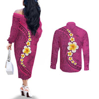 Polynesian Hibiscus and Plumeria with Tapa Pattern Couples Matching Off The Shoulder Long Sleeve Dress and Long Sleeve Button Shirt Pink Color