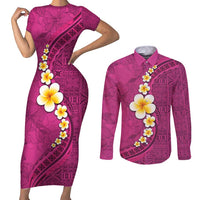 Polynesian Hibiscus and Plumeria with Tapa Pattern Couples Matching Short Sleeve Bodycon Dress and Long Sleeve Button Shirt Pink Color