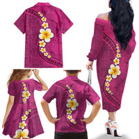 Polynesian Hibiscus and Plumeria with Tapa Pattern Family Matching Off The Shoulder Long Sleeve Dress and Hawaiian Shirt Pink Color LT03 - Polynesian Pride