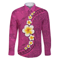 Polynesian Hibiscus and Plumeria with Tapa Pattern Family Matching Off The Shoulder Long Sleeve Dress and Hawaiian Shirt Pink Color LT03 Dad's Shirt - Long Sleeve Pink - Polynesian Pride