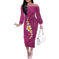 Polynesian Hibiscus and Plumeria with Tapa Pattern Family Matching Off The Shoulder Long Sleeve Dress and Hawaiian Shirt Pink Color LT03 Mom's Dress Pink - Polynesian Pride