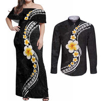 Pacific Hibiscus and Plumeria with Tapa Pattern Couples Matching Off Shoulder Maxi Dress and Long Sleeve Button Shirt Black Color