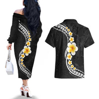 Pacific Hibiscus and Plumeria with Tapa Pattern Couples Matching Off The Shoulder Long Sleeve Dress and Hawaiian Shirt Black Color